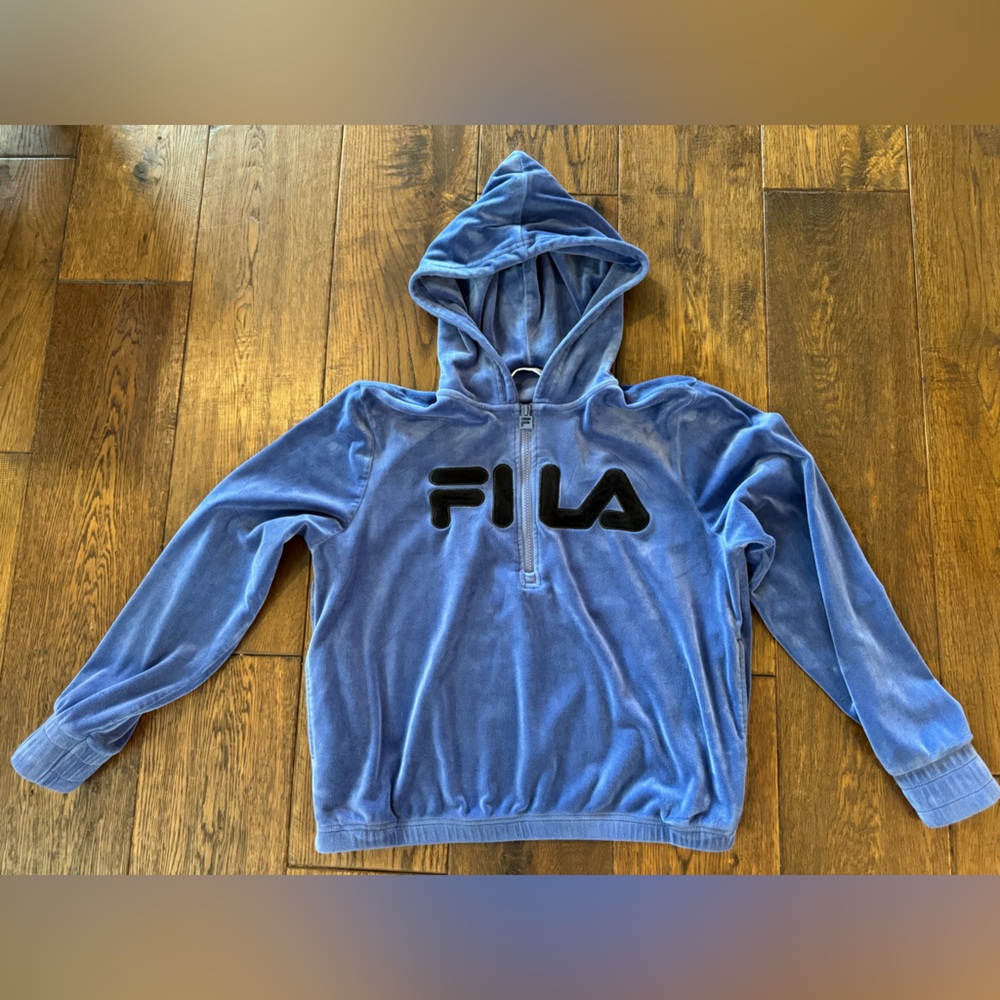 Y2K FILA Velour Blue 1/2 Zip-up pockets Hoodie with Black Logo, Size Medium
